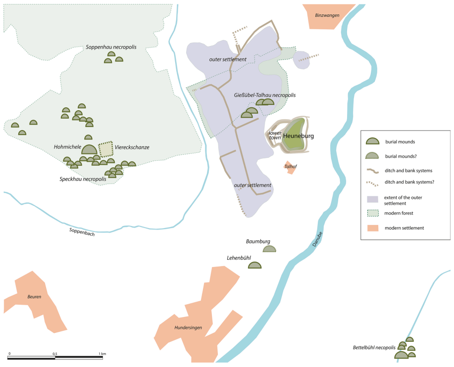 Map of the Heuneburg with the hilltop plateau, the lower town, the outer settlement and surrounding cemeteries (Landesamt für Denkmalpflege im Regierungspräsidium Stuttgart, I. Kretschmer, L. Hansen)